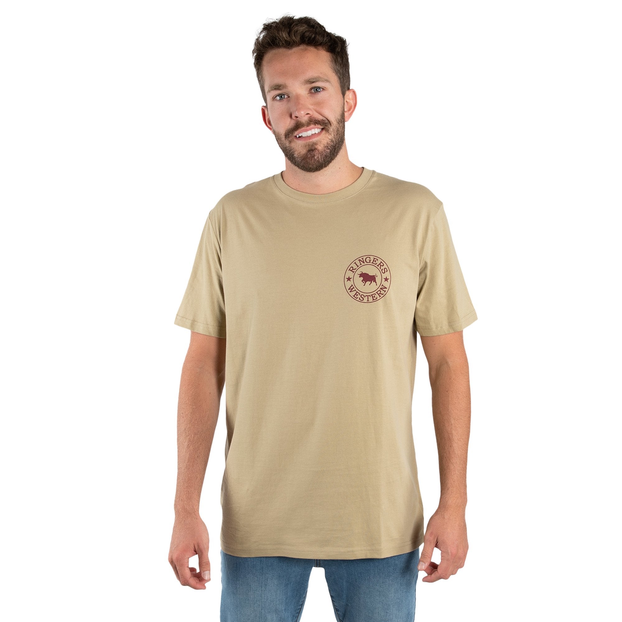 Signature Bull Mens Loose Fit T-Shirt - Camel With Burgundy Print