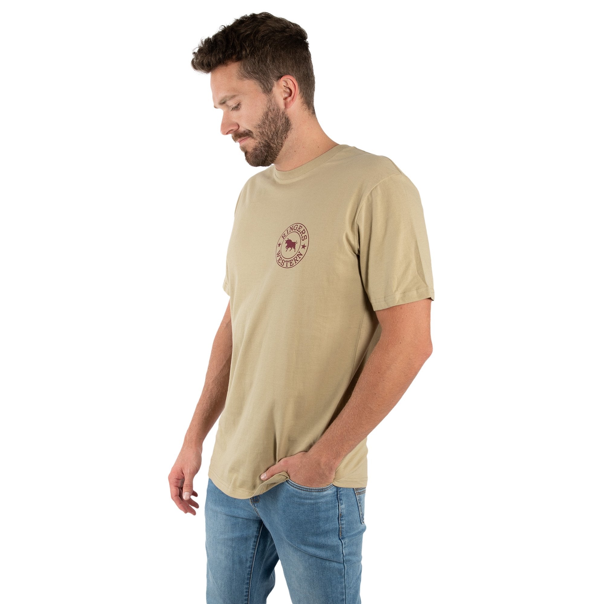 Signature Bull Mens Loose Fit T-Shirt - Camel With Burgundy Print