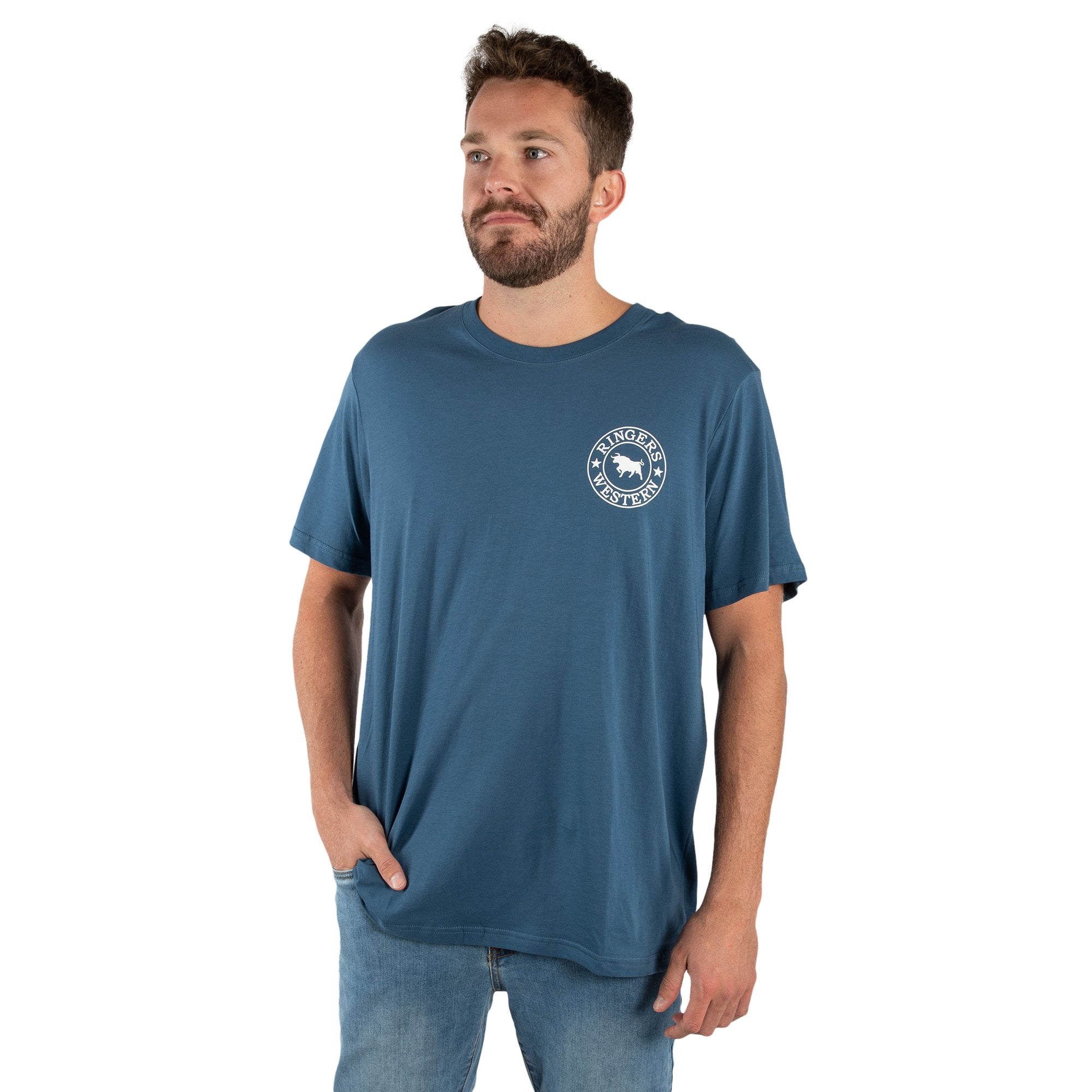 Signature Bull Mens Loose Fit T-Shirt - Dark Blue Steel With White Print