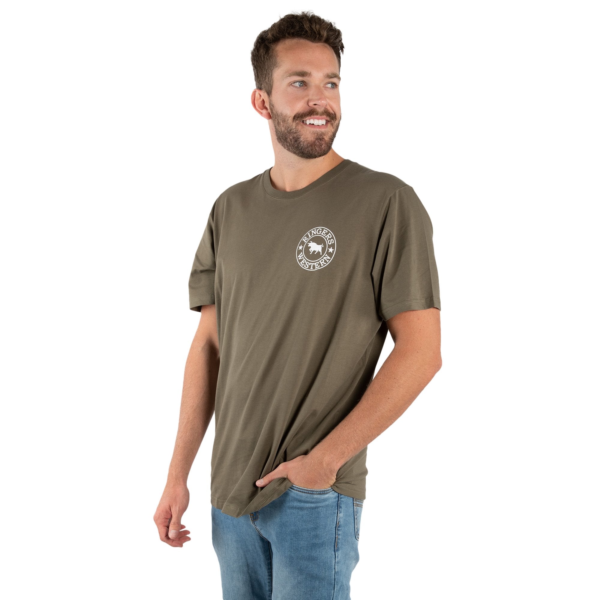 Signature Bull Mens Loose Fit T-Shirt - Military Green With White Print