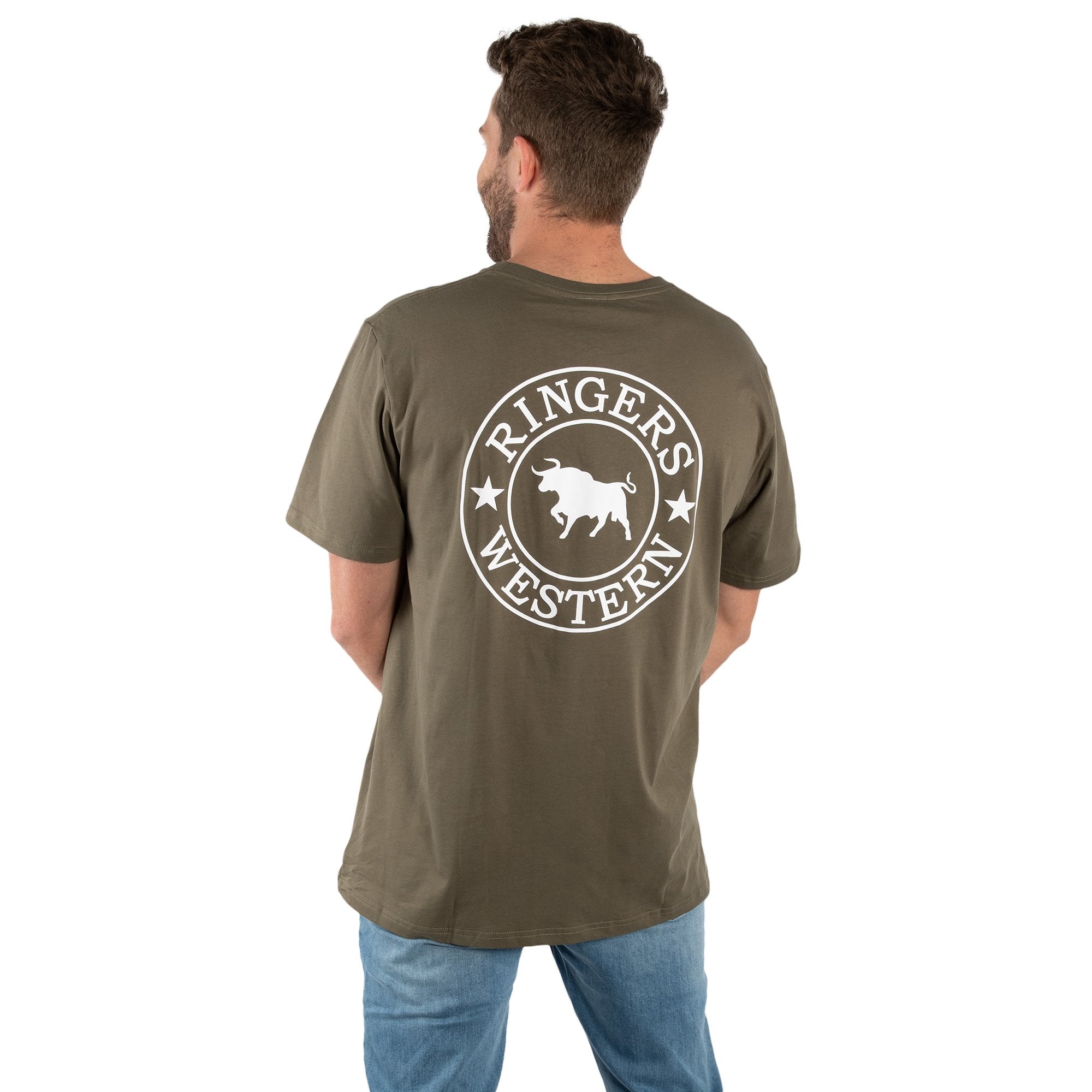 Signature Bull Mens Loose Fit T-Shirt - Military Green With White Print
