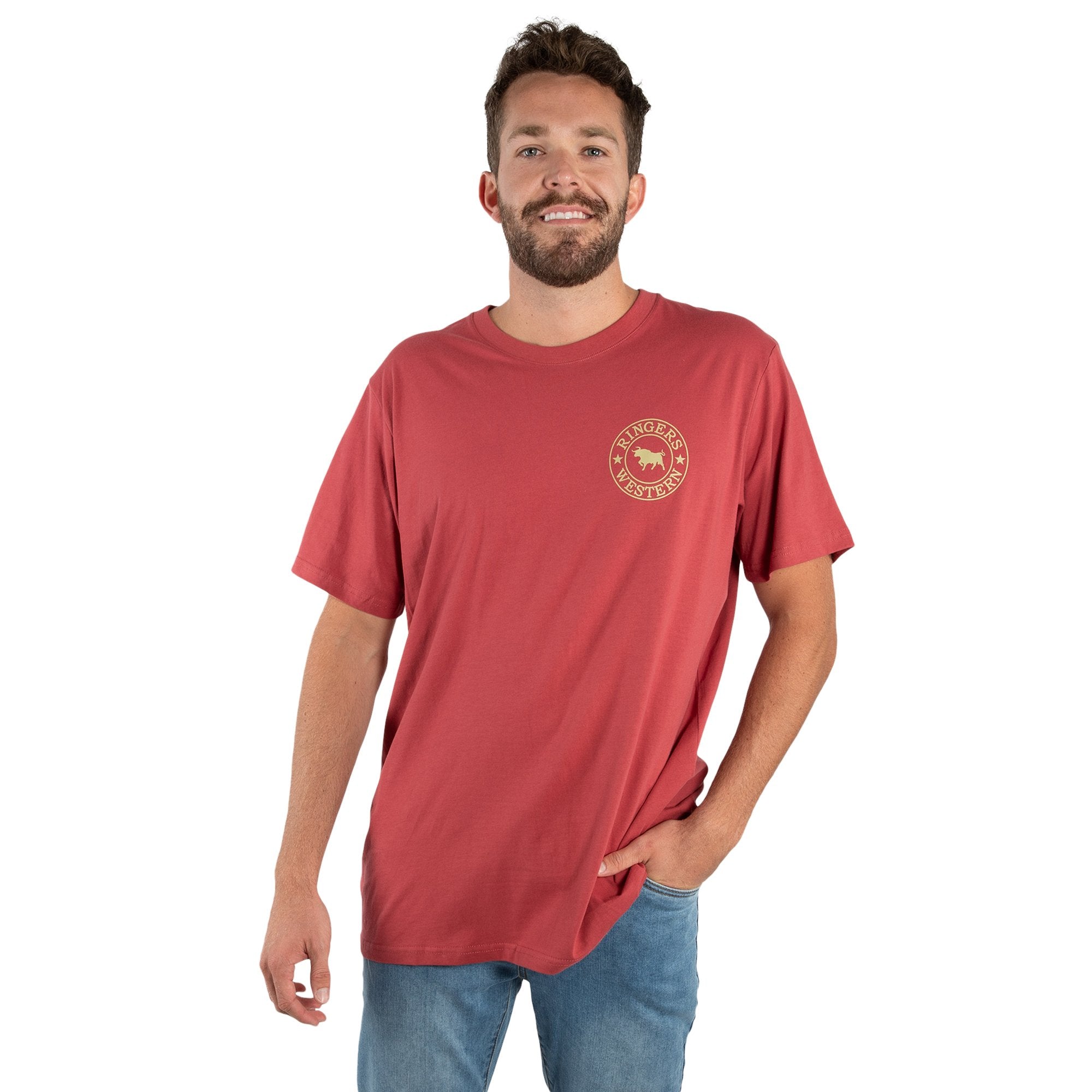 Signature Bull Mens Loose Fit T-Shirt - Red Brick With Gold Print