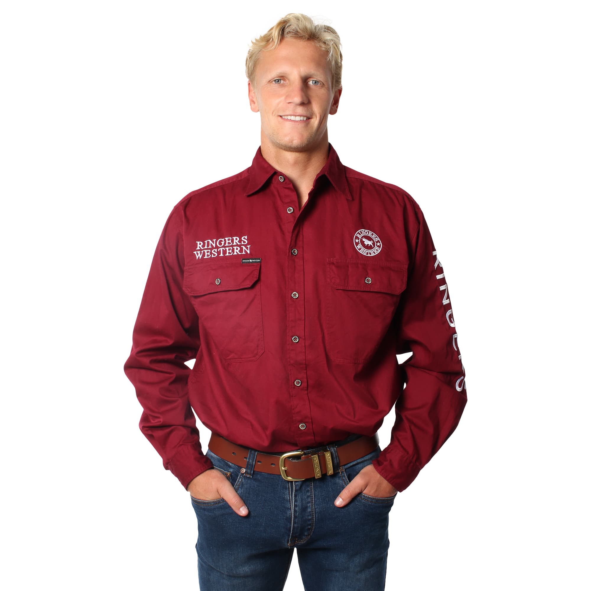 Hawkeye Mens Full Button Work Shirt  - Burgundy/White