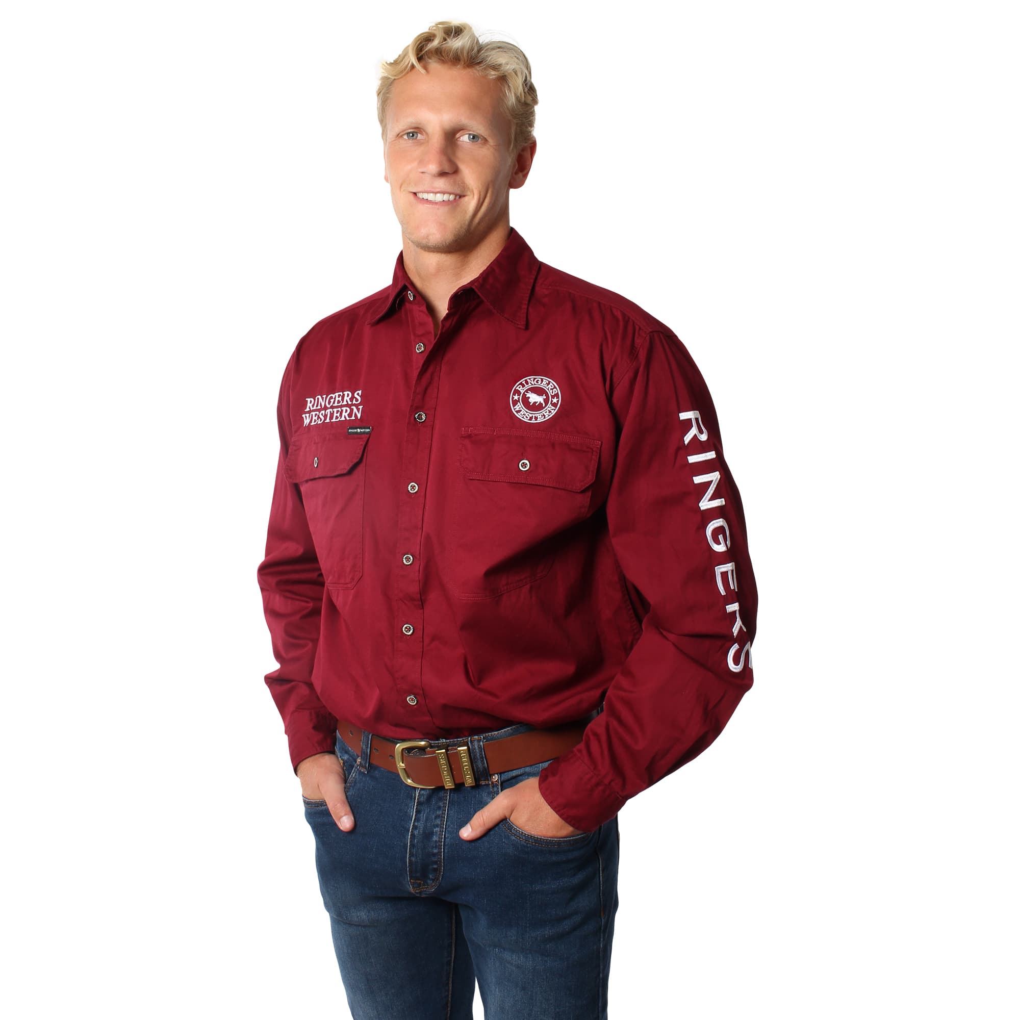 Hawkeye Mens Full Button Work Shirt  - Burgundy/White