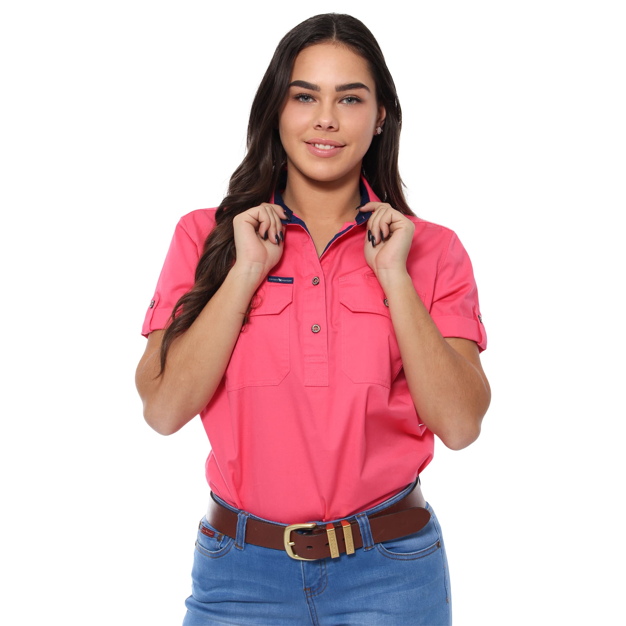 Jules Womens Half Button Short Sleeve Work Shirt - Melon