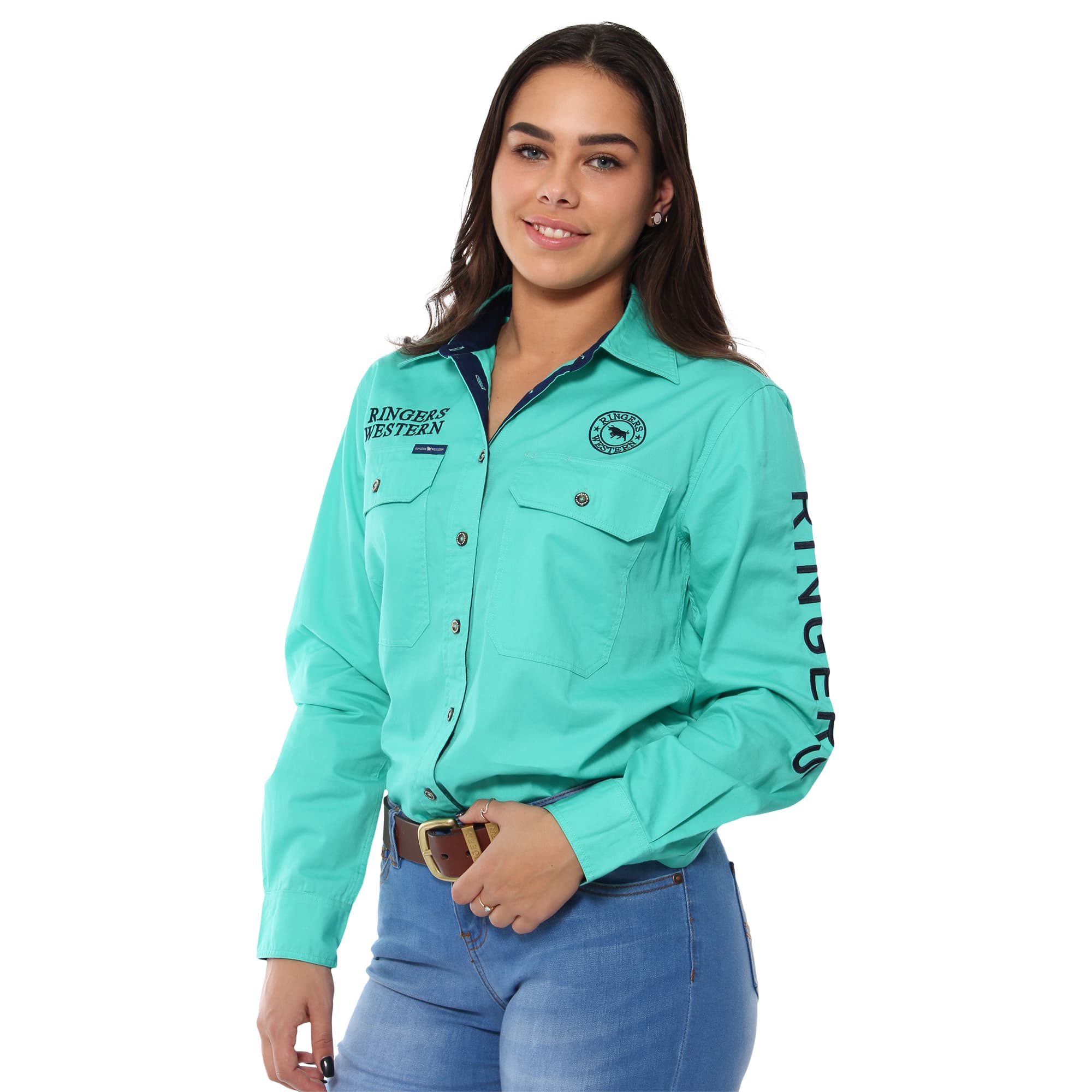 Signature Jillaroo Womens Full Button Work Shirt - Mint With Navy Embroidery