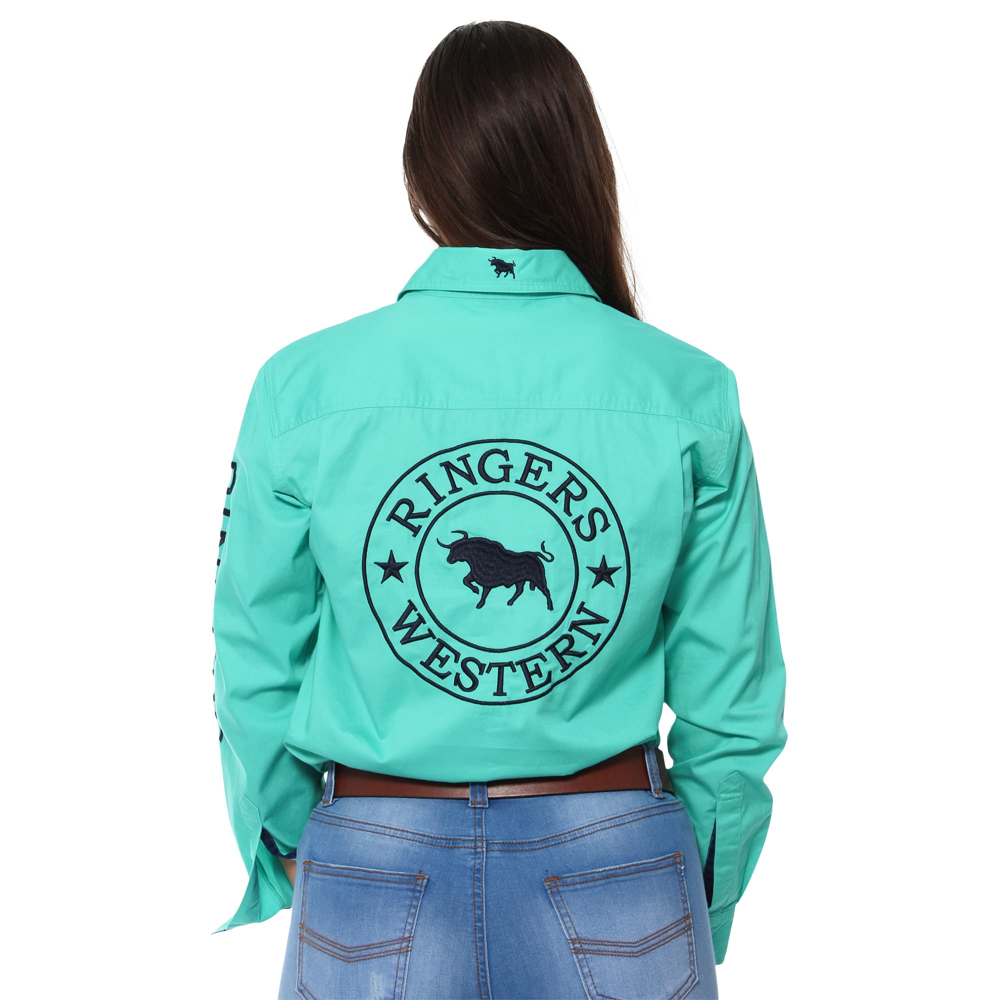 Signature Jillaroo Womens Full Button Work Shirt - Mint With Navy Embroidery