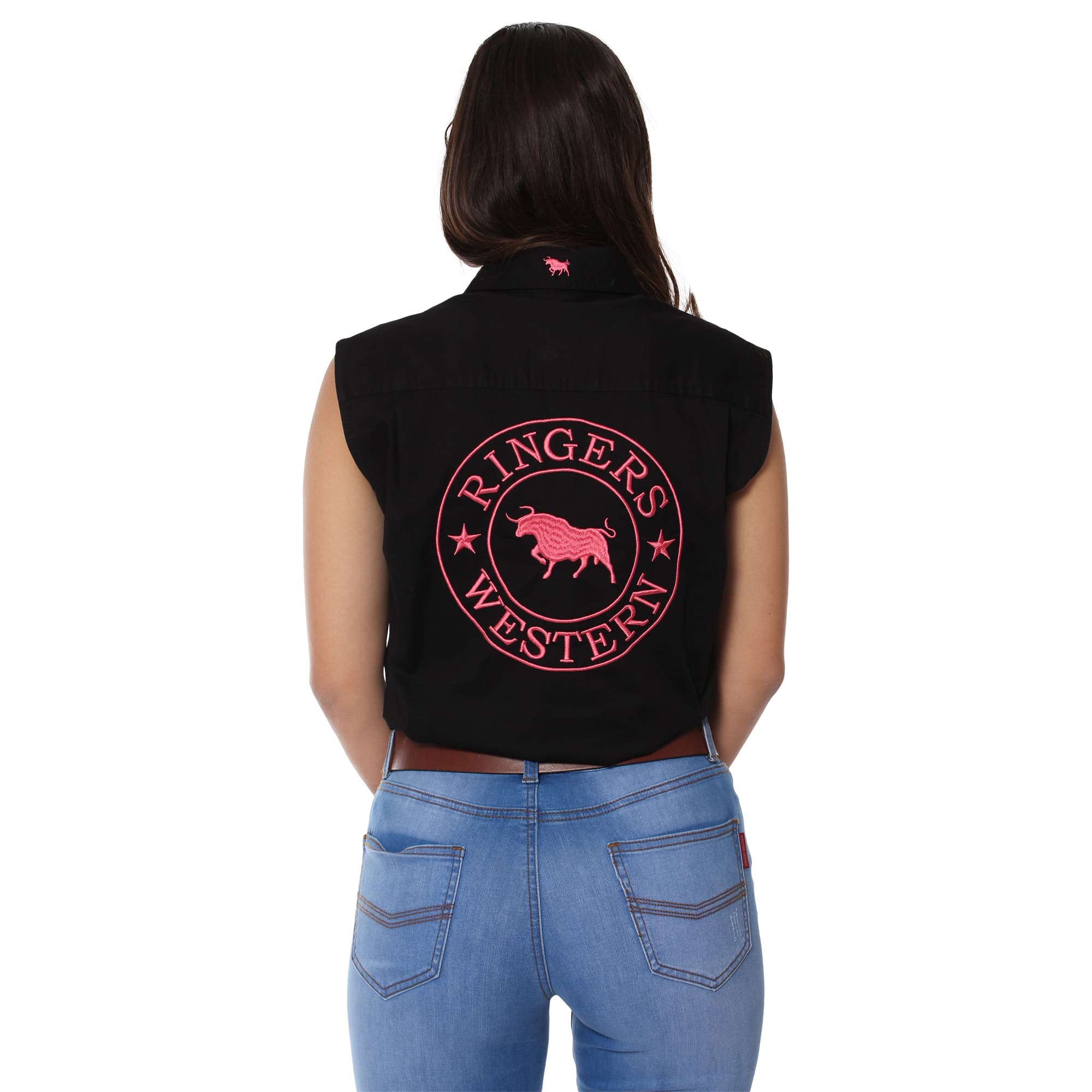 Signature Jillaroo Womens Sleeveless Work Shirt - Black With Melon Embroidery - Ringers Western Toowoomba