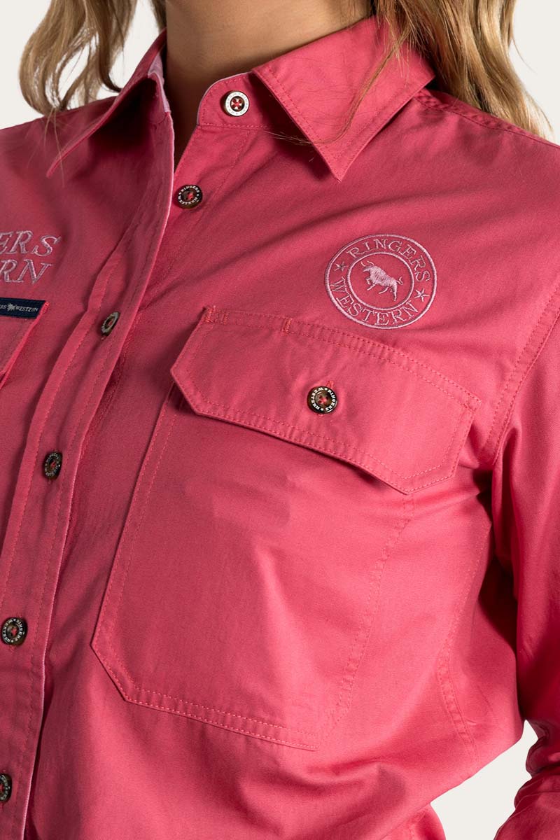 Signature Jillaroo Womens Full Button Work Shirt - Camelia Rose With Ballet Pink Embroidery