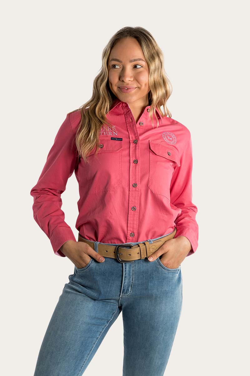 Signature Jillaroo Womens Full Button Work Shirt - Camelia Rose With Ballet Pink Embroidery