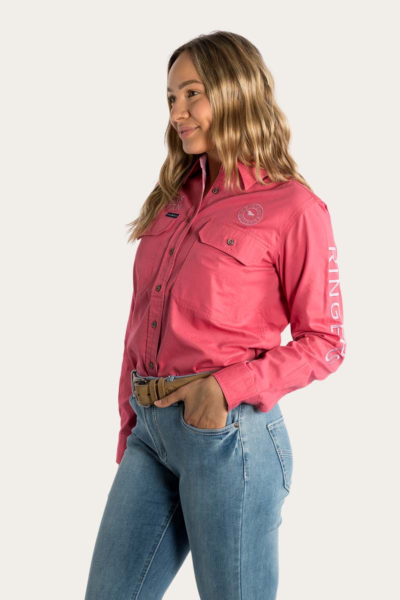 Signature Jillaroo Womens Full Button Work Shirt - Camelia Rose With Ballet Pink Embroidery