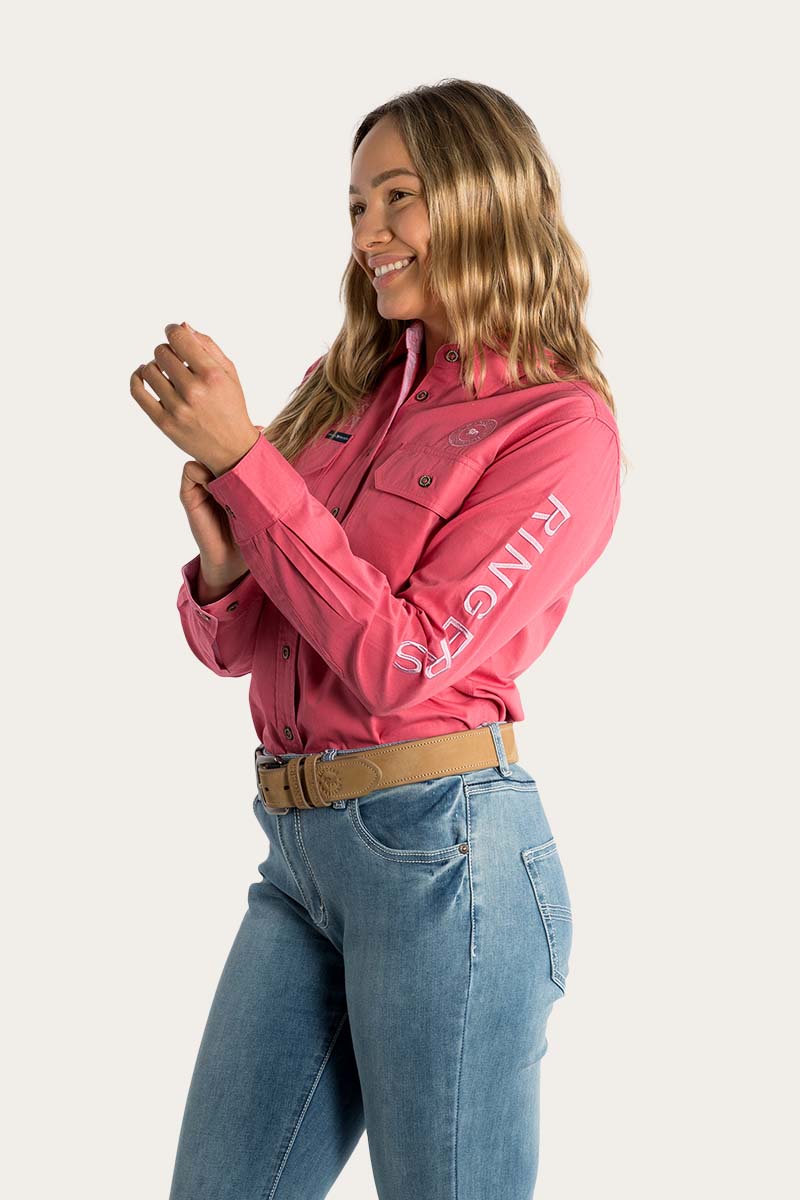 Signature Jillaroo Womens Full Button Work Shirt - Camelia Rose With Ballet Pink Embroidery