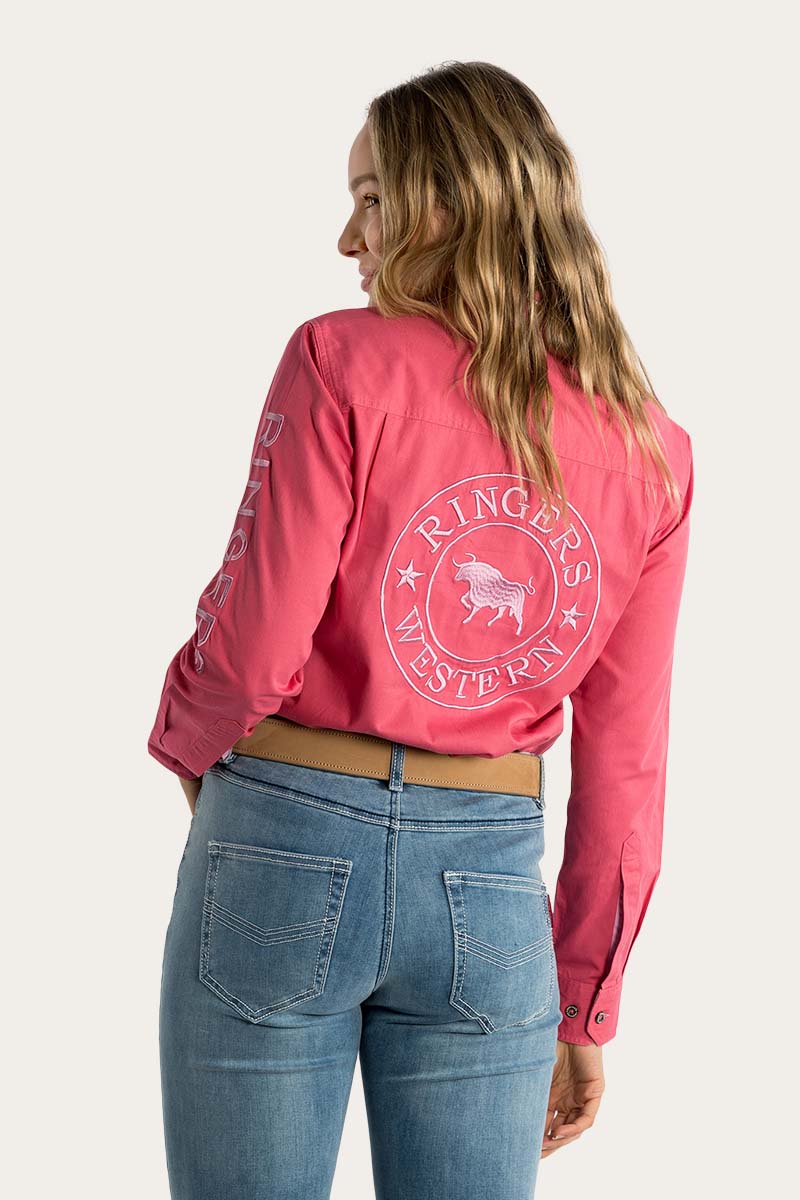 Signature Jillaroo Womens Full Button Work Shirt - Camelia Rose With Ballet Pink Embroidery