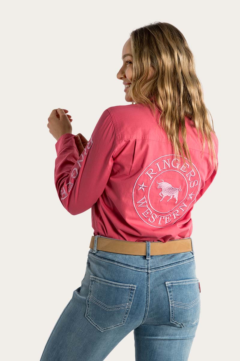 Signature Jillaroo Womens Full Button Work Shirt - Camelia Rose With Ballet Pink Embroidery
