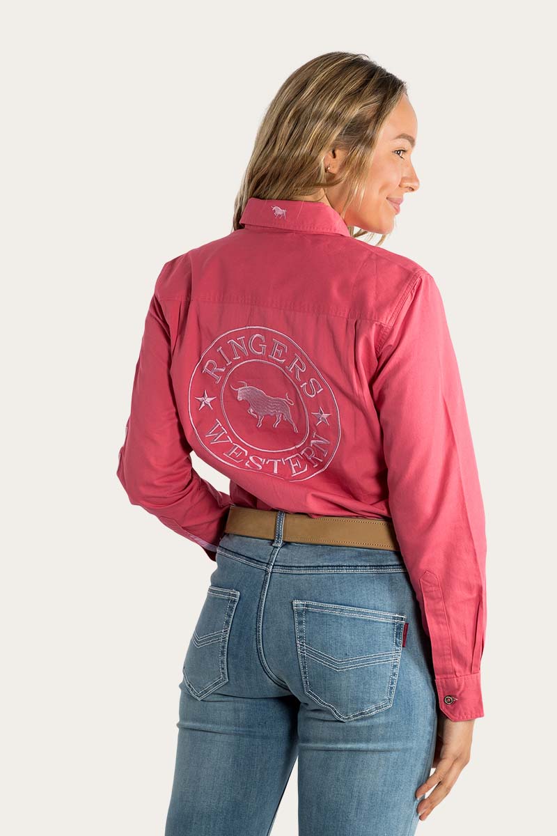 Signature Jillaroo Womens Full Button Work Shirt - Camelia Rose With Ballet Pink Embroidery