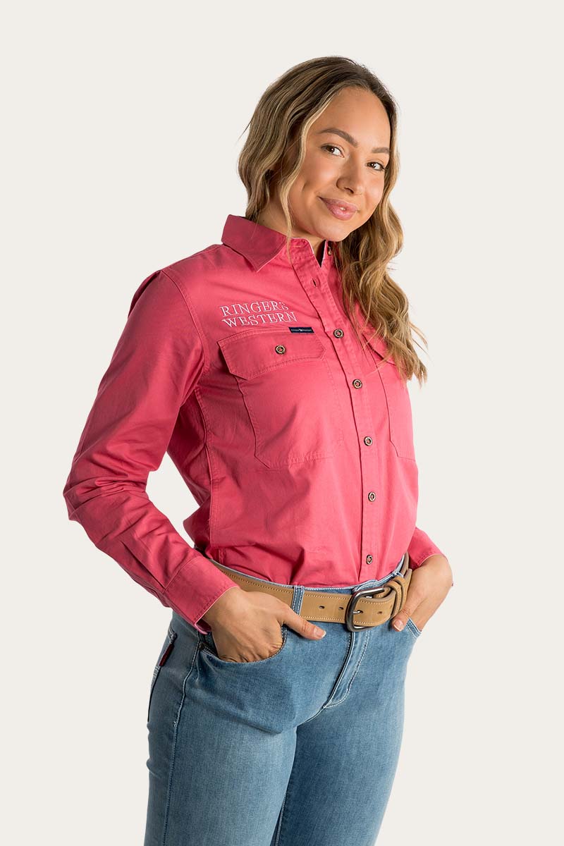 Signature Jillaroo Womens Full Button Work Shirt - Camelia Rose With Ballet Pink Embroidery