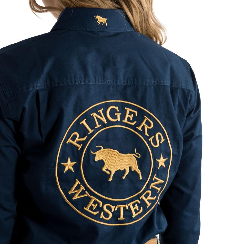 Signature Jillaroo Womens Full Button Work Shirt - Dark Navy With Amber Gold Embroidery