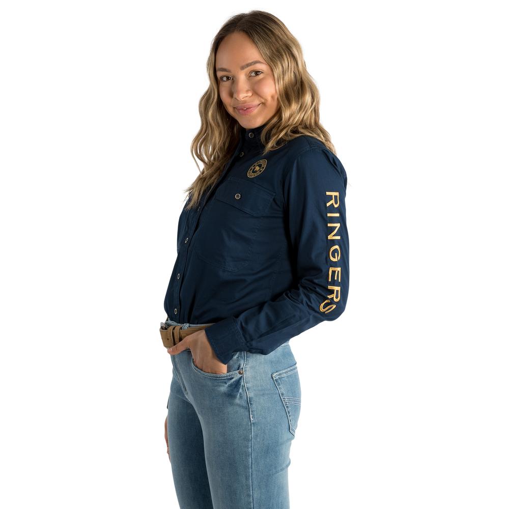 Signature Jillaroo Womens Full Button Work Shirt - Dark Navy With Amber Gold Embroidery