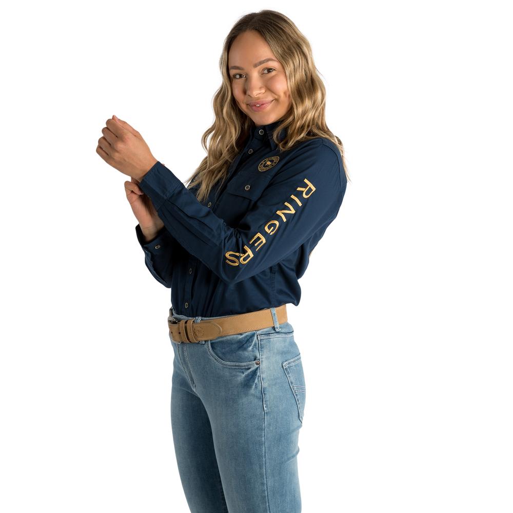 Signature Jillaroo Womens Full Button Work Shirt - Dark Navy With Amber Gold Embroidery