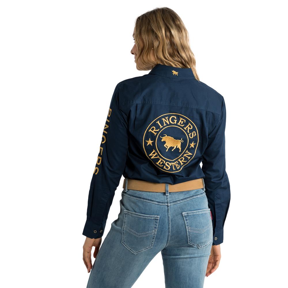 Signature Jillaroo Womens Full Button Work Shirt - Dark Navy With Amber Gold Embroidery