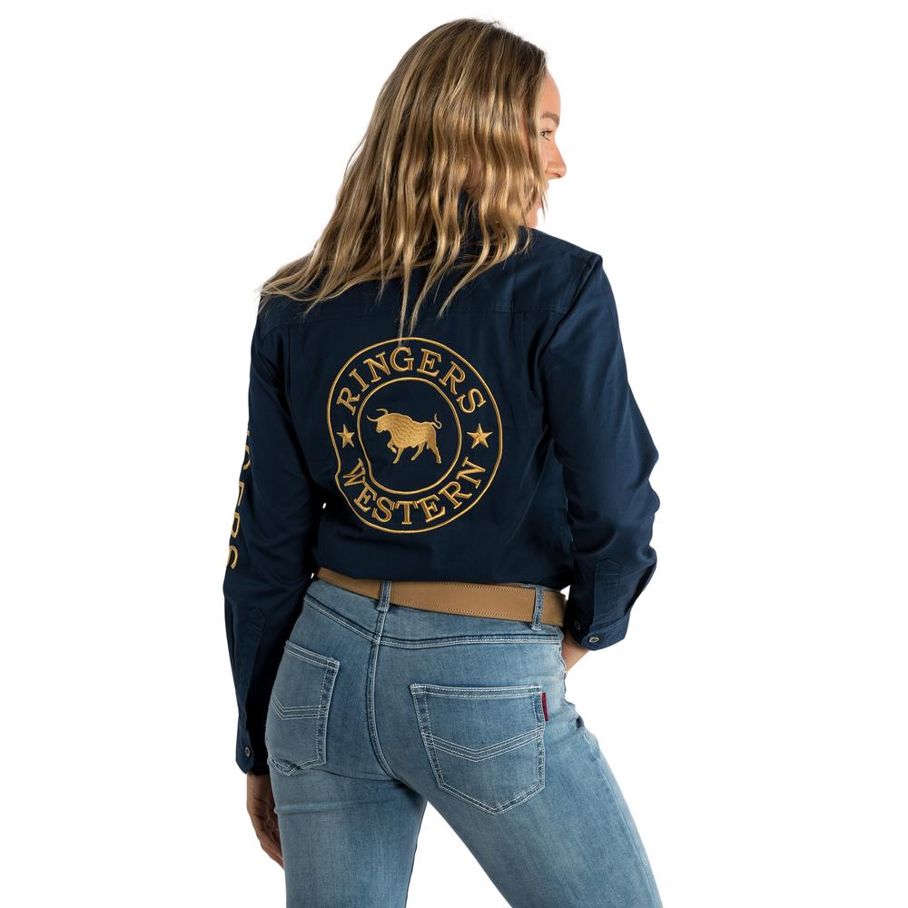 Signature Jillaroo Womens Full Button Work Shirt - Dark Navy With Amber Gold Embroidery