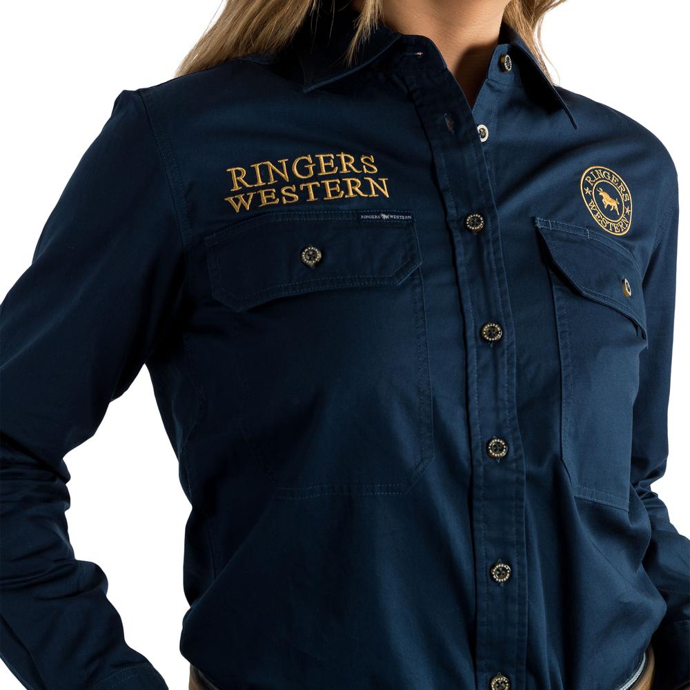 Signature Jillaroo Womens Full Button Work Shirt - Dark Navy With Amber Gold Embroidery