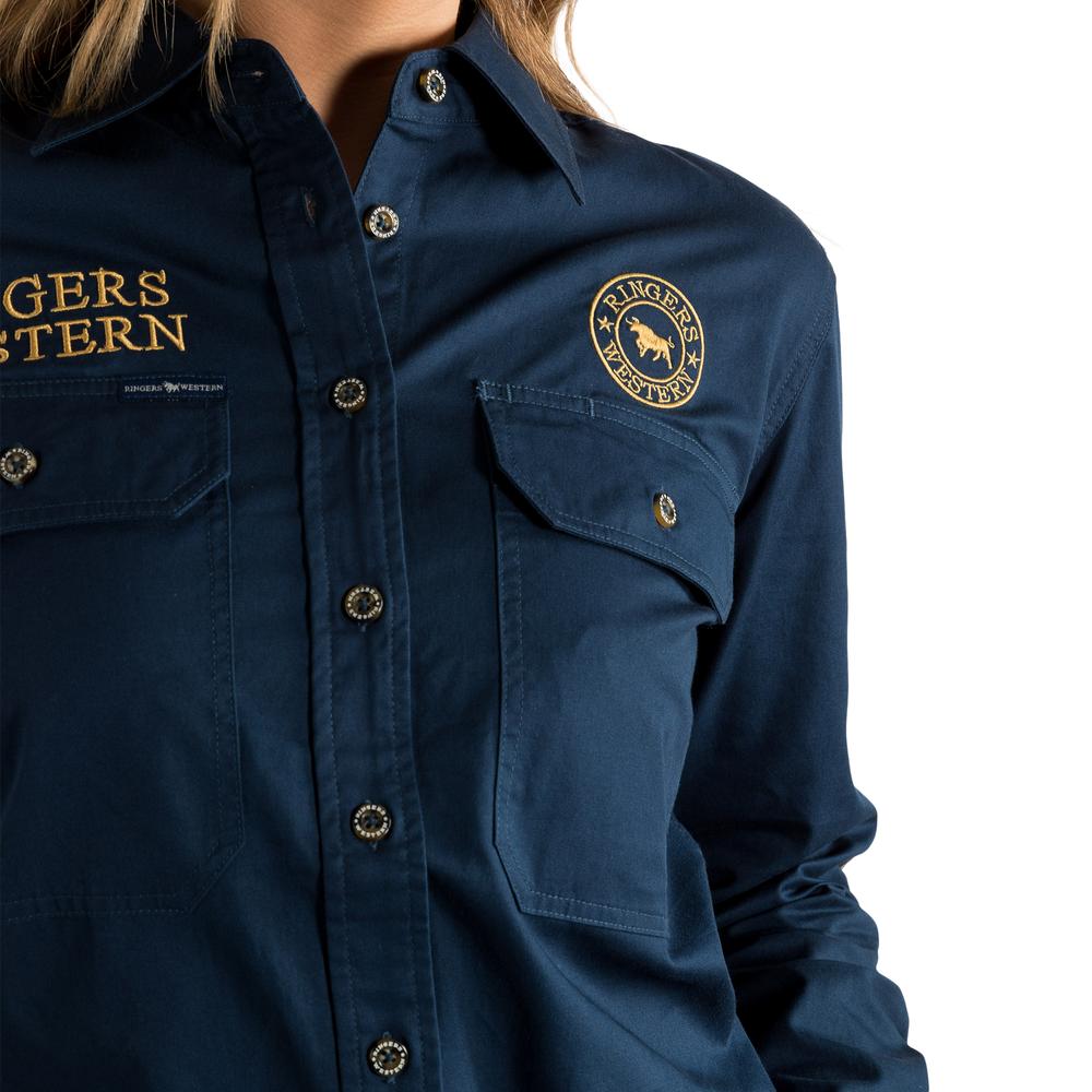 Signature Jillaroo Womens Full Button Work Shirt - Dark Navy With Amber Gold Embroidery