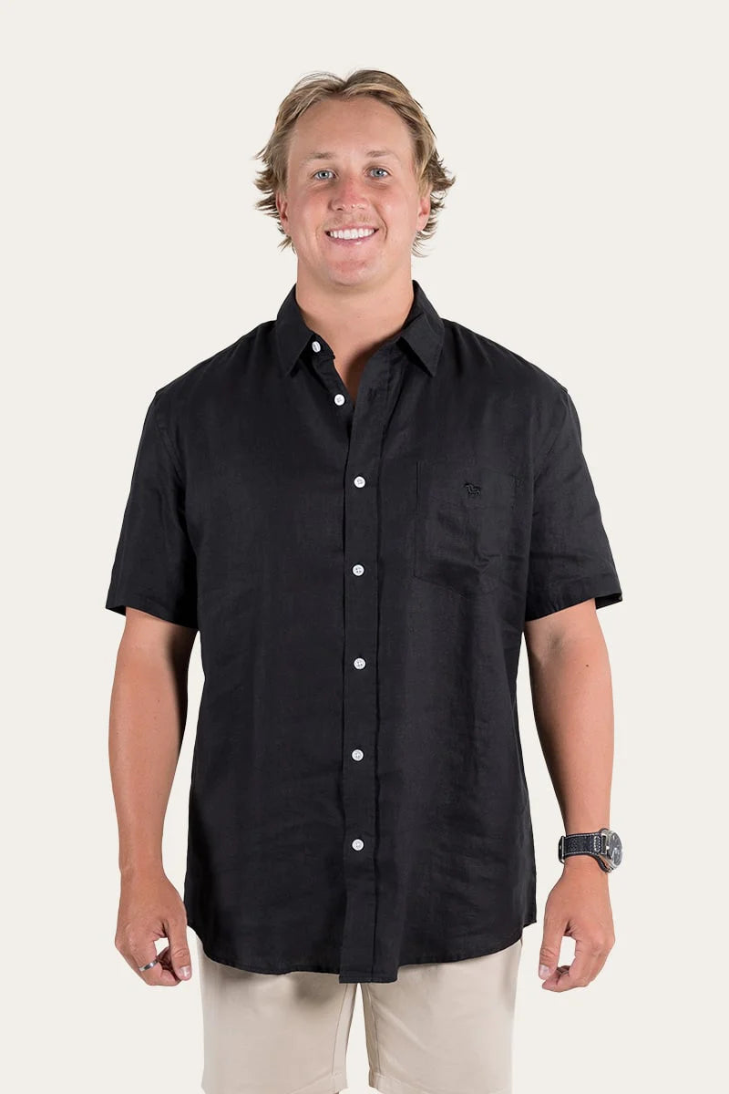 Dawson Mens Relaxed Short Sleeve Linen Dress Shirt - Black