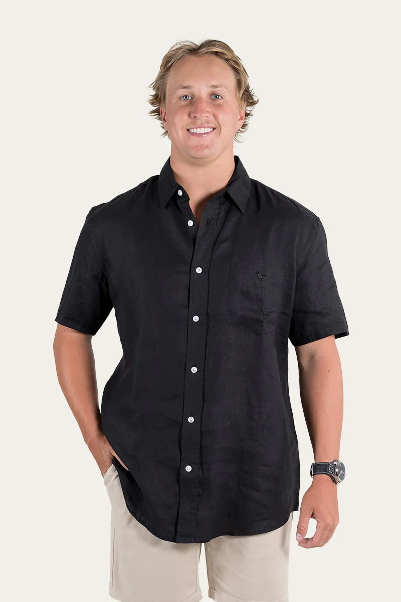 Dawson Mens Relaxed Short Sleeve Linen Dress Shirt - Black