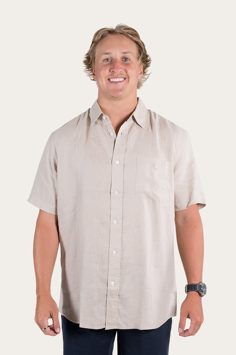 Dawson Mens Relaxed Short Sleeve Linen Dress Shirt - Stone