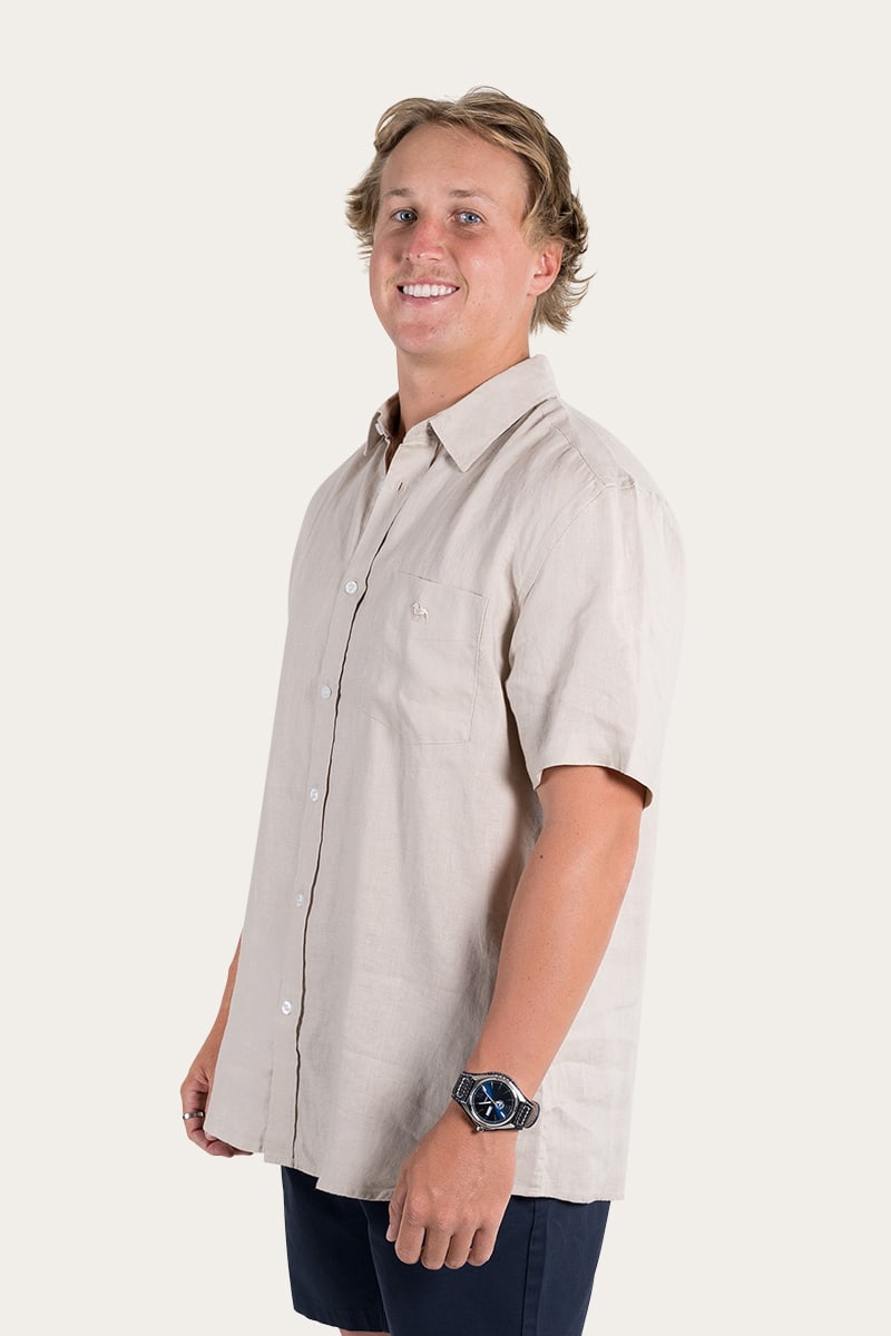 Dawson Mens Relaxed Short Sleeve Linen Dress Shirt - Stone
