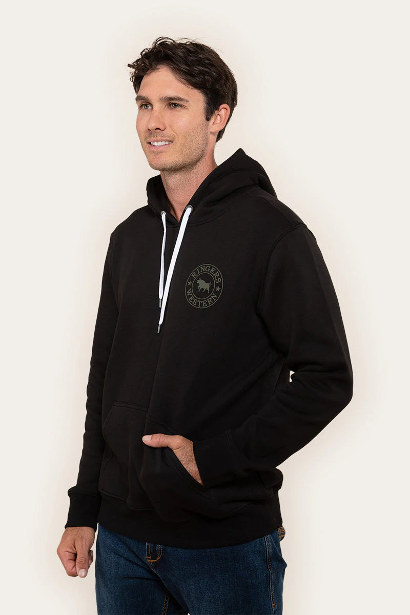 Signature Bull Mens Pullover Hoodie  - Black With Military Green Print