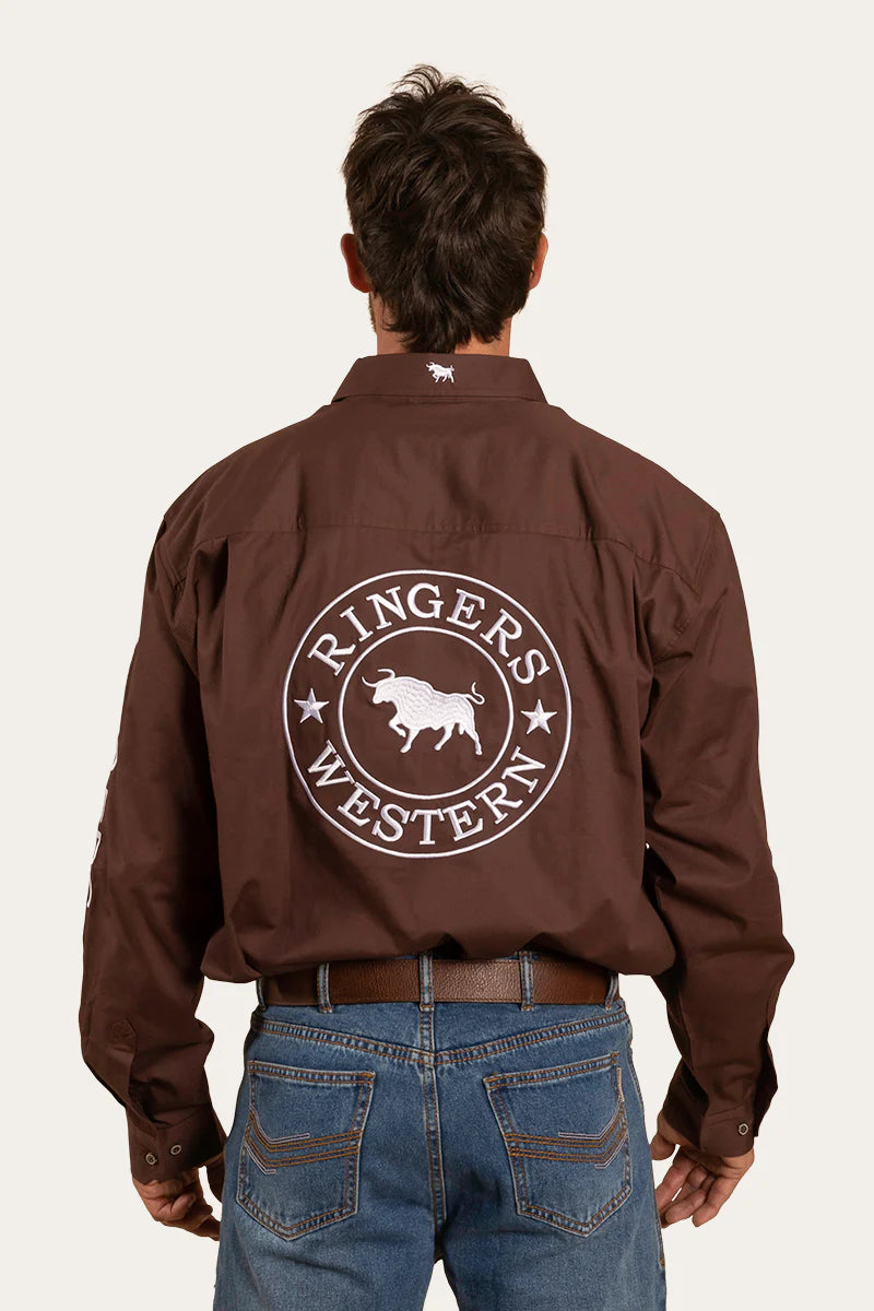 Hawkeye Mens Full Button Work Shirt  - Chocolate/White