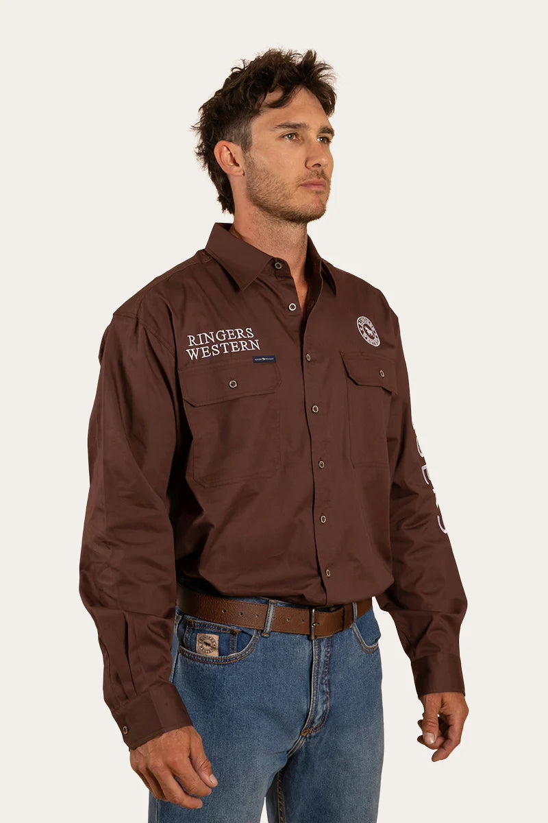Hawkeye Mens Full Button Work Shirt  - Chocolate/White