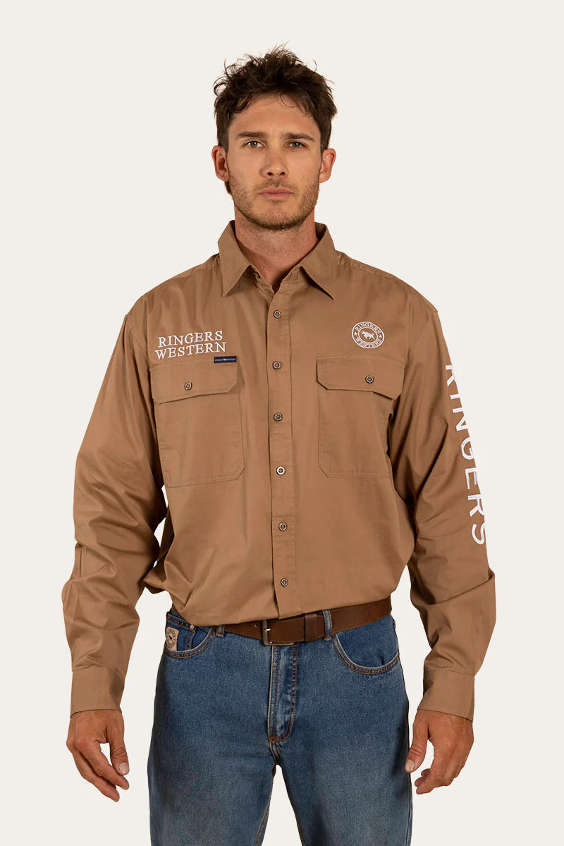 Hawkeye Mens Full Button Work Shirt  - Clay/White