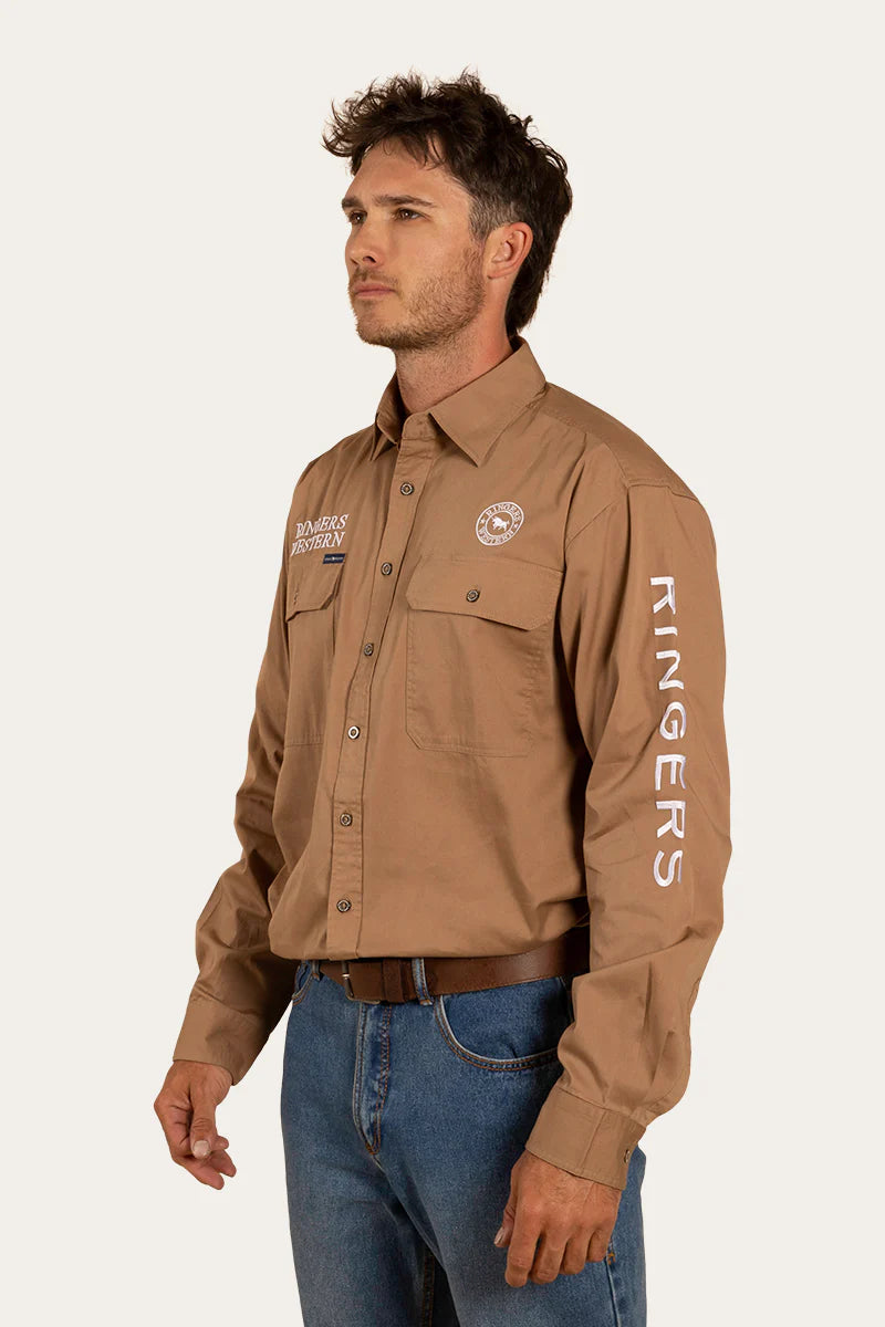 Hawkeye Mens Full Button Work Shirt  - Clay/White