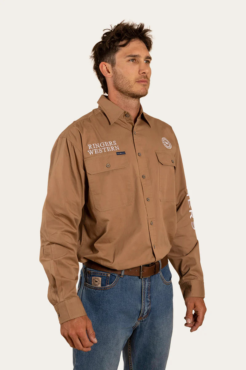 Hawkeye Mens Full Button Work Shirt  - Clay/White