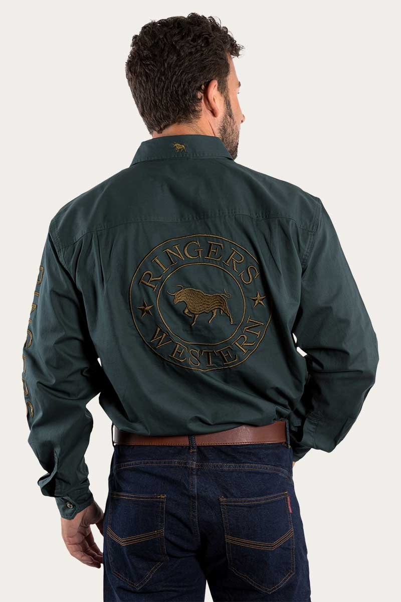 Hawkeye Mens Full Button Work Shirt  - Forest Green With Plantation