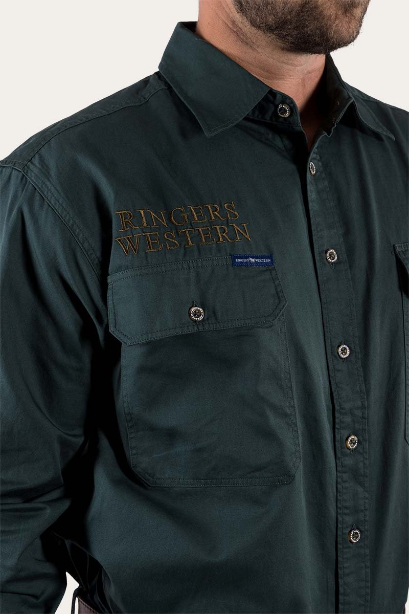 Hawkeye Mens Full Button Work Shirt  - Forest Green With Plantation