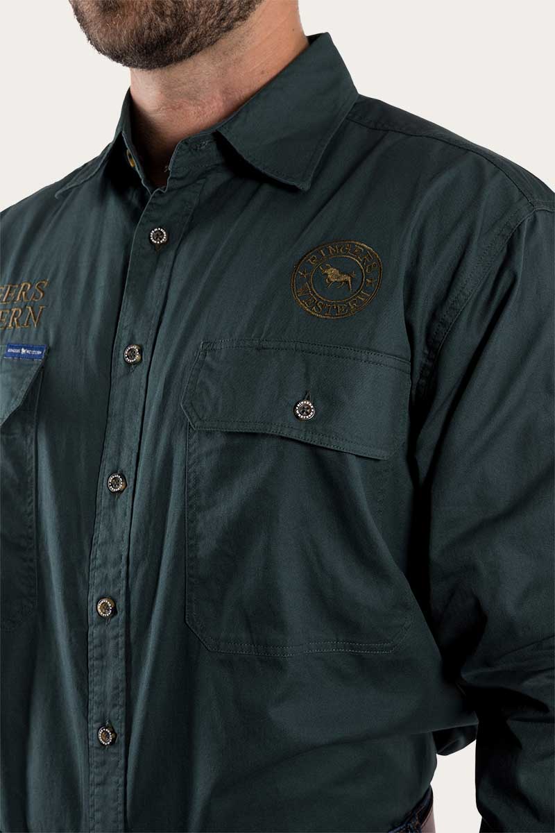 Hawkeye Mens Full Button Work Shirt  - Forest Green With Plantation
