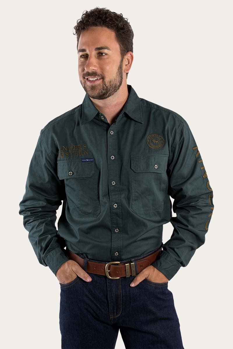 Hawkeye Mens Full Button Work Shirt  - Forest Green With Plantation