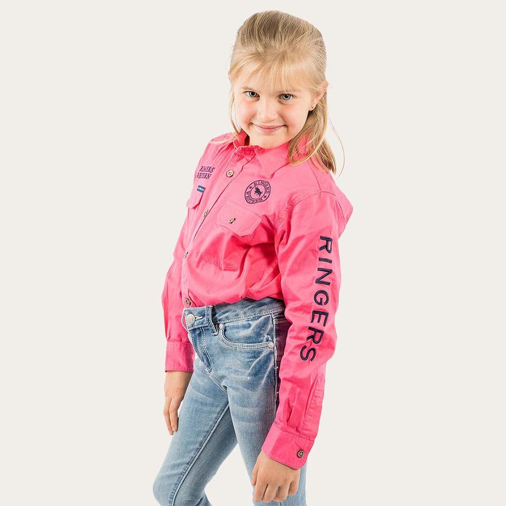 Jackaroo Kids L/S Full Button Embroidered Work Shirt - Melon With Navy Embroidery