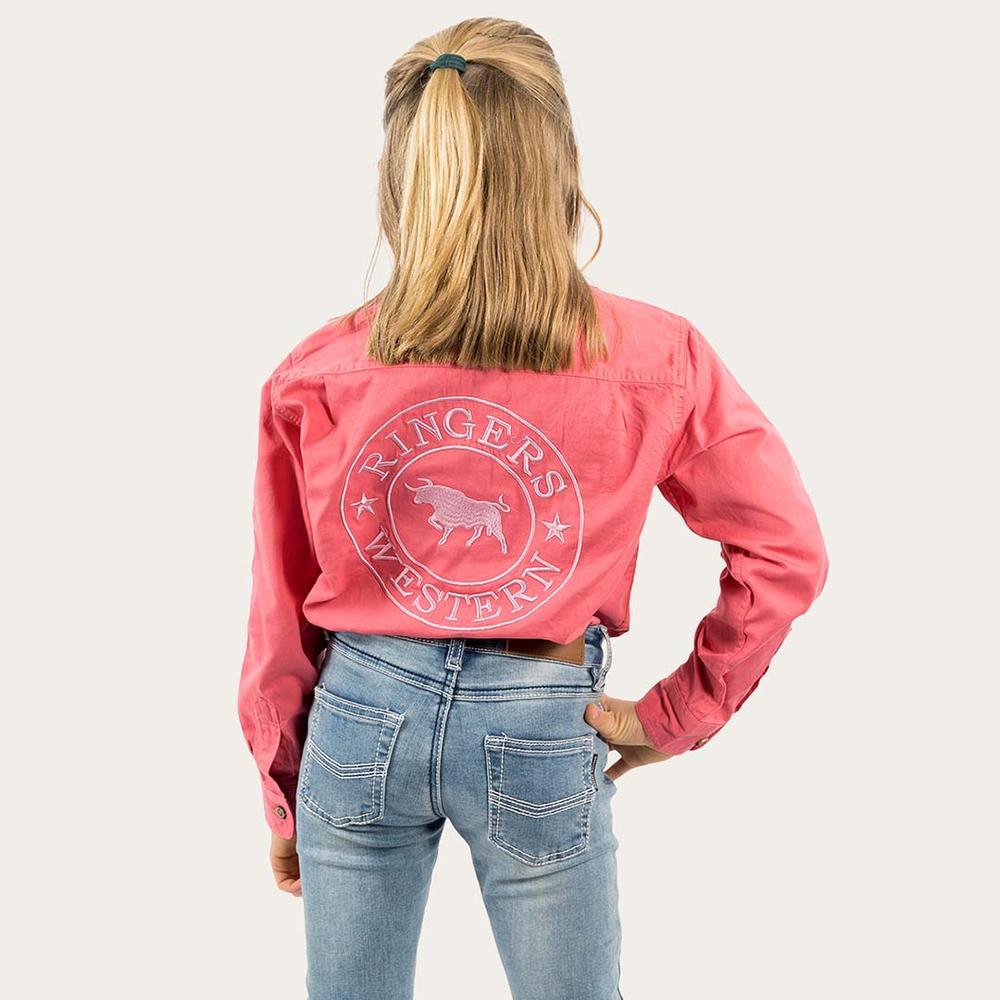 Jackaroo Kids L/S Full Button Embroidered Work Shirt - Camelia Rose With Ballet Pink Embroidery