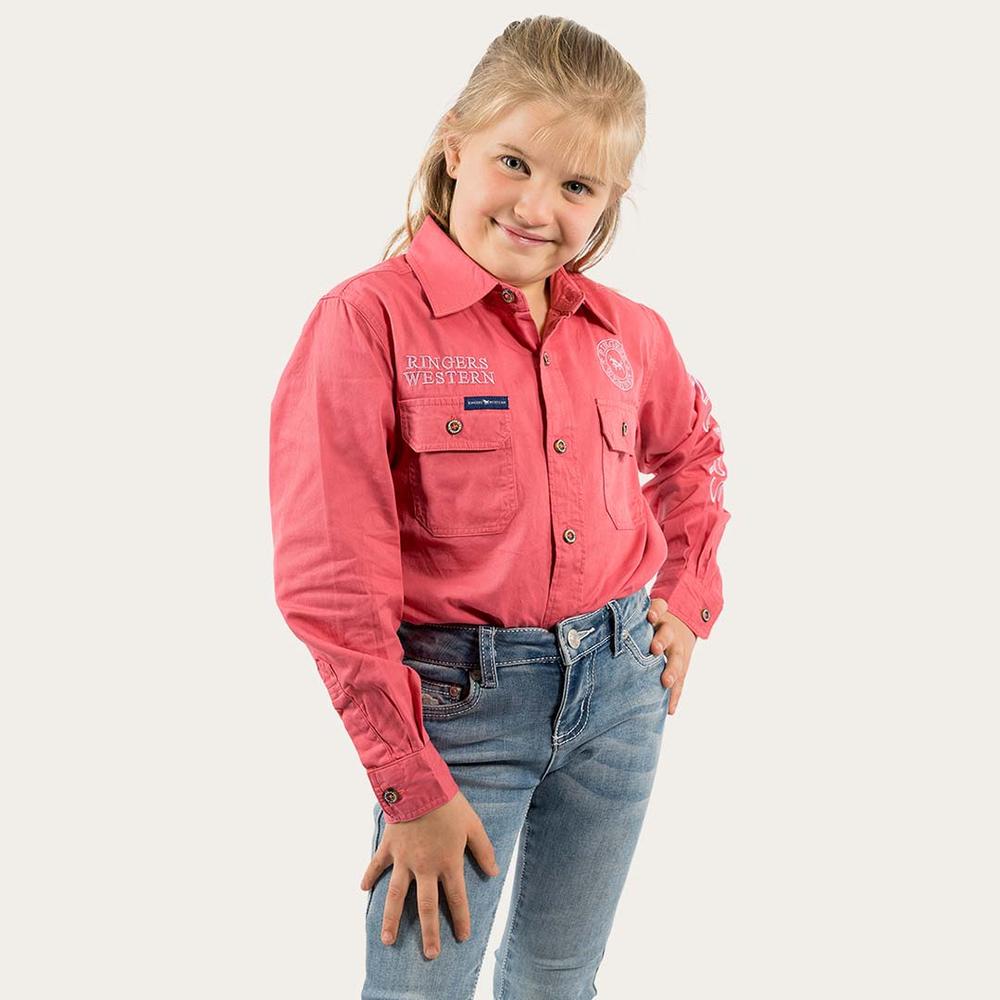 Jackaroo Kids L/S Full Button Embroidered Work Shirt - Camelia Rose With Ballet Pink Embroidery