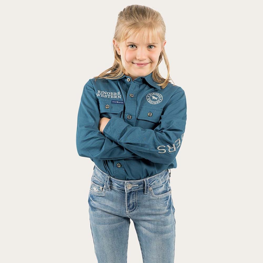 Jackaroo Kids  L/S Full Button Embroidered Work Shirt - Petrol Blue With Ultimate Grey Embroidery