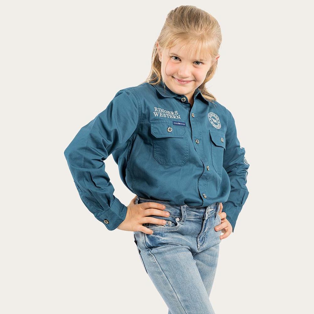 Jackaroo Kids  L/S Full Button Embroidered Work Shirt - Petrol Blue With Ultimate Grey Embroidery