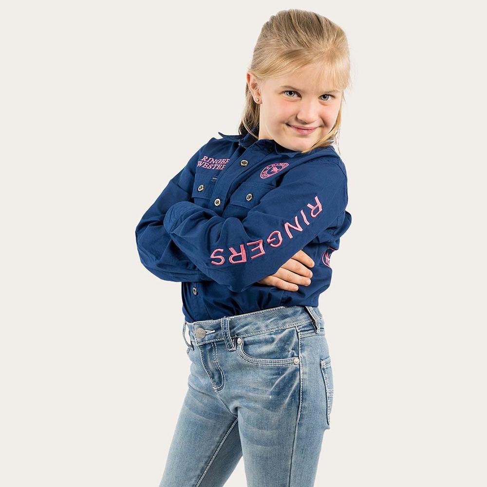 Jackaroo Kids L/S Full Button Embroidered Work Shirt - Navy With Melon Embroidery