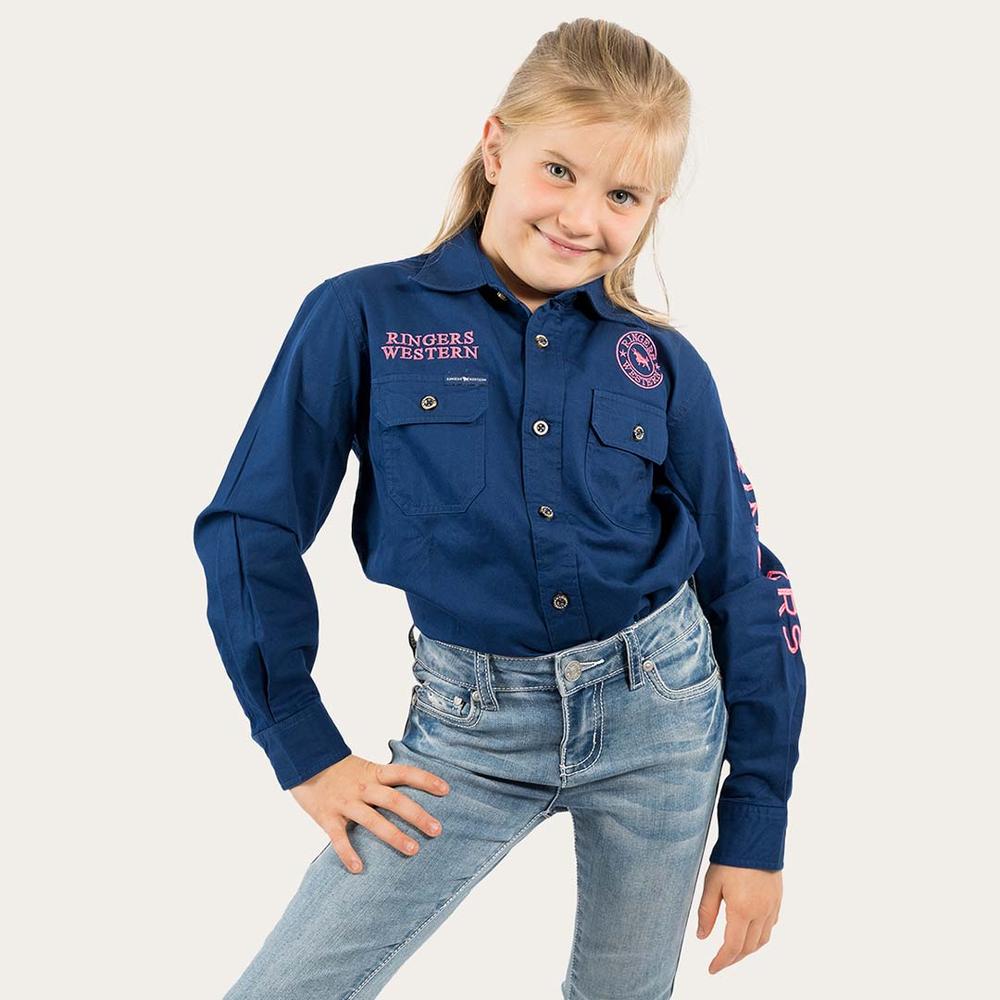 Jackaroo Kids L/S Full Button Embroidered Work Shirt - Navy With Melon Embroidery