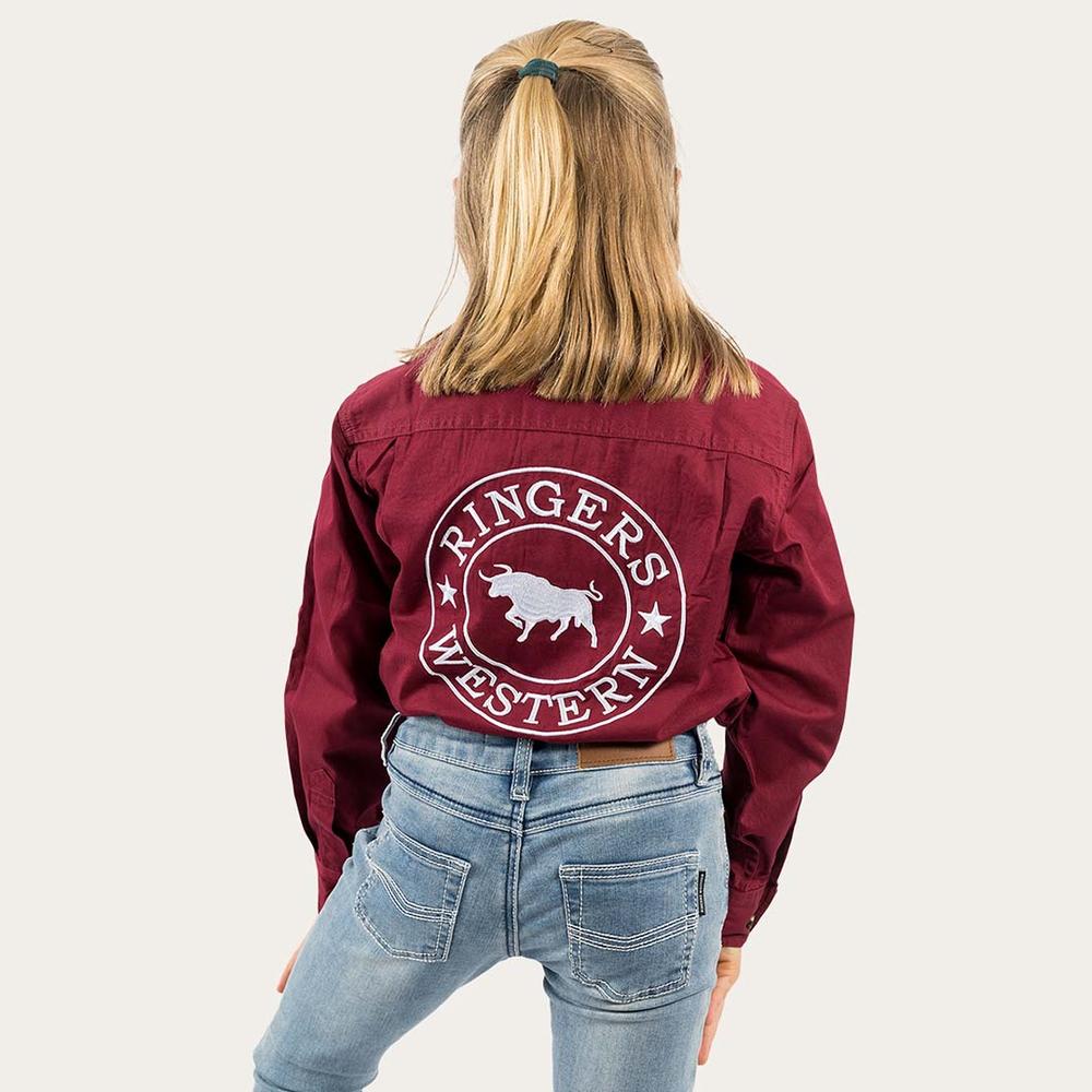 Jackaroo Kids L/S Full Button Embroidered Work Shirt  - Burgundy With White Embroidery