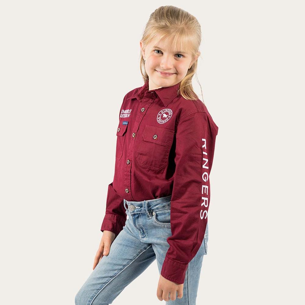 Jackaroo Kids L/S Full Button Embroidered Work Shirt  - Burgundy With White Embroidery